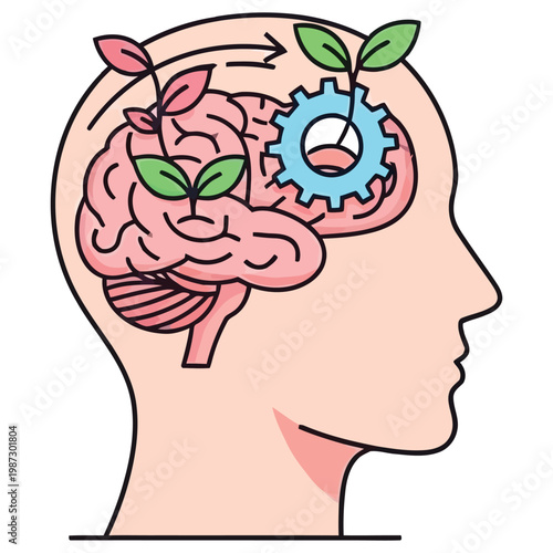 Mental health growth concept with human brain profile including gear and green plant leaves.