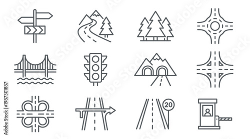 Minimalist road infrastructure icons including bridge, tunnel, highway and toll booth with office staff, concept for logistics management, urban engineering and transport navigation app