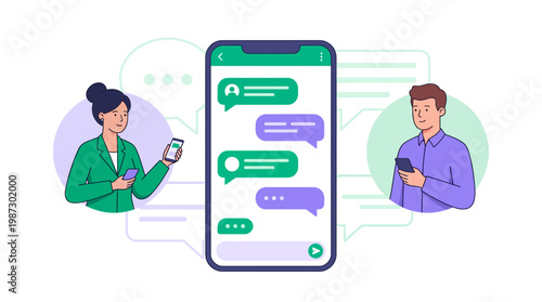 Male project coordinator and female marketing manager holding smartphones for online chat messaging, concept for digital communication, business collaboration and mobile networking