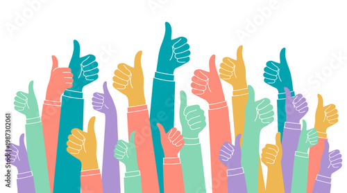 Many colorful hands of office managers and corporate executives raising thumbs up in flat vector style, concept for customer feedback, business success and professional team motivation