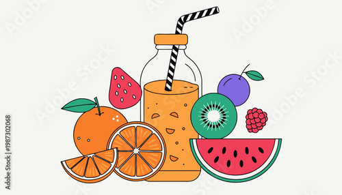 Colorful illustration of a fruit smoothie with various fresh fruits