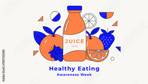 Colorful illustration of fruits juice bottle and geometric shapes promoting healthy eating