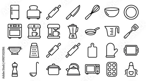 Black line icons of kitchen utensils and household appliances on white background, concept for culinary blog design, restaurant menu interface and cooking app development