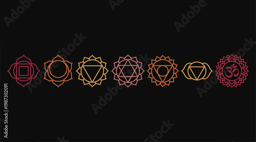 Set of seven spiritual chakra icons with colorful outlines arranged horizontally on a black background, concept for holistic healing, meditation practices and yoga studio branding