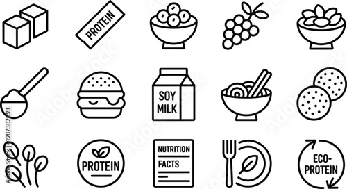 Food nutrition icons healthy diet protein soy milk eco-friendly nutrition facts organic meals balanced lifestyle vector illustration design collection set