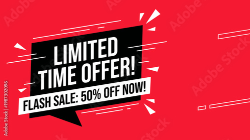 Promotional banner with text limited time offer and flash sale fifty percent off on red background, concept for retail marketing, e-commerce advertisement and business promotion