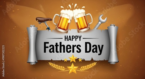 Happy fathers day banner with beer mugs and tools on brown background