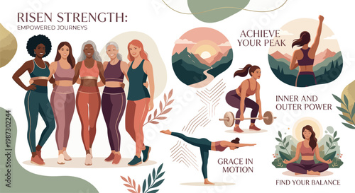 Diverse women fitness and wellness vector illustration set.