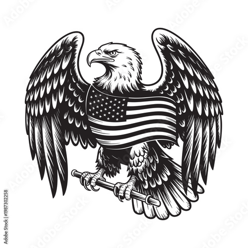 An eagle clutching an american flag in a vintage woodcut style