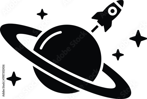 Planet with rings and rocket ship flying around, space exploration and travel, orbital celestial body with spaceship, starry background.
