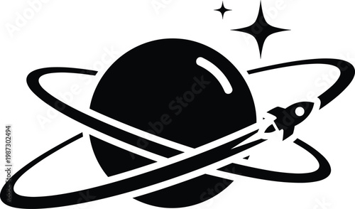 Planet with rings and rocket, starry space background, orbital travel and exploration, celestial body with spaceship, futuristic journey.