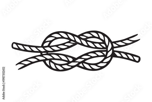Tied rope knot sketched in outline diagrammatic lineart suggests strength and reliability, nautical vibe with maritime rigging reference, suitable for boating, camping, survival branding, ropework