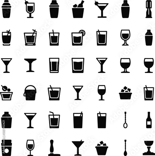 Collection of black and white drink icons cocktails glasses and beverage containers