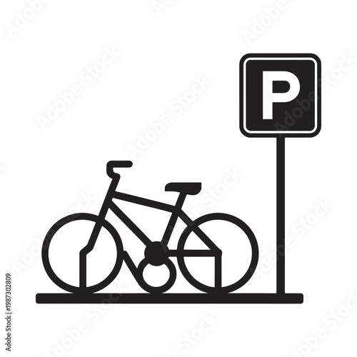 Black and white illustration of a bicycle near a parking sign