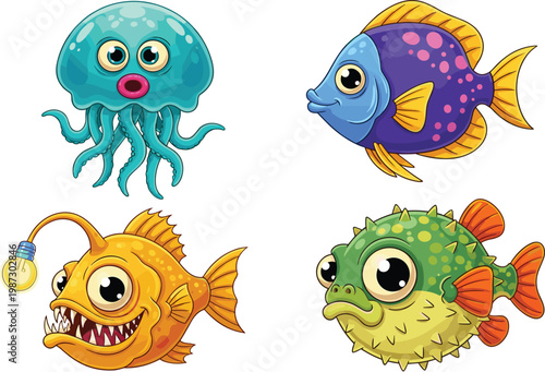 Cute Cartoon Sea Creatures Set with Jellyfish, Tropical Fish, Anglerfish, and Pufferfish Colorful Ocean Animal Vector Illustration