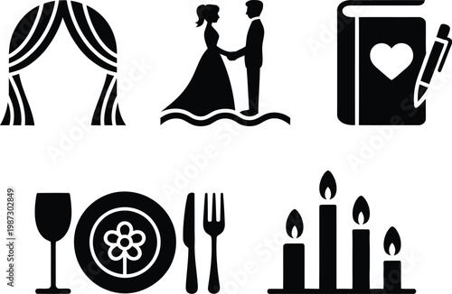 Collection of wedding and celebration icons including arch bride groom guestbook dinner table and candles for elegant event invitation and decor design needs.