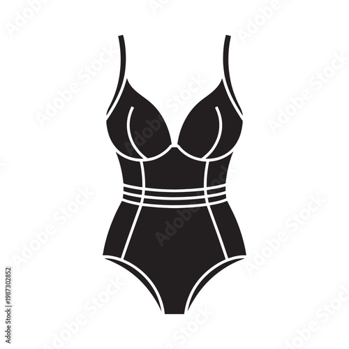 Black and white outline of a classic one piece swimsuit design