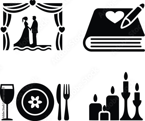 Photos Collection of wedding and celebration icons including arch bride groom guestbook dinner table and candles for elegant event invitation and decor design needs