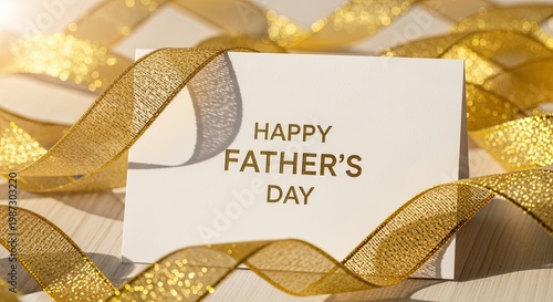 Happy fathers day card with gold ribbon on wooden table