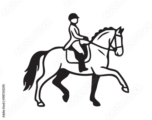 Equestrian rider on horse silhouette performing dressage movement with lifted foreleg, upright posture, saddle and bridle visible, minimalist blackandwhite icon style conveying elegance and control,