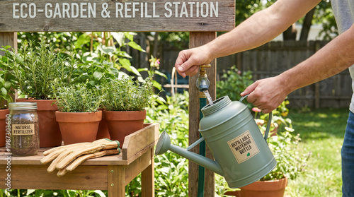 Eco gardening in backyard with sustainable living practices shows refill station watering bottle and natural fertilizer for healthy plants growth