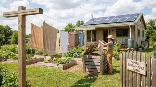 Sustainability gardening backyard living concept with woman hanging clothes on line near raised garden beds and eco house with solar panels on roof