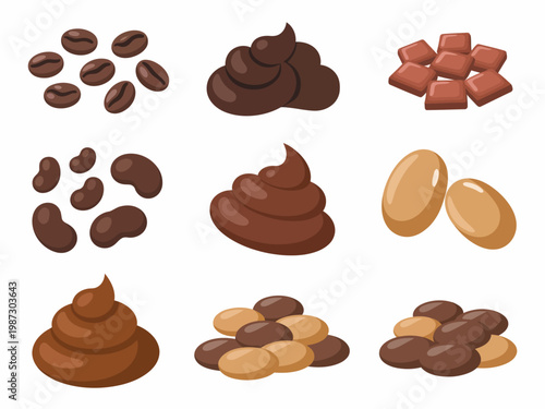 Collection of brown coffee beans, chocolate candies, and poop candy