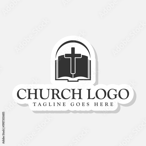 Church and book logo design sticker isolated on gray background