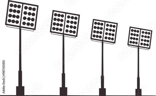 Dark gray stadium floodlights tall poles a white background