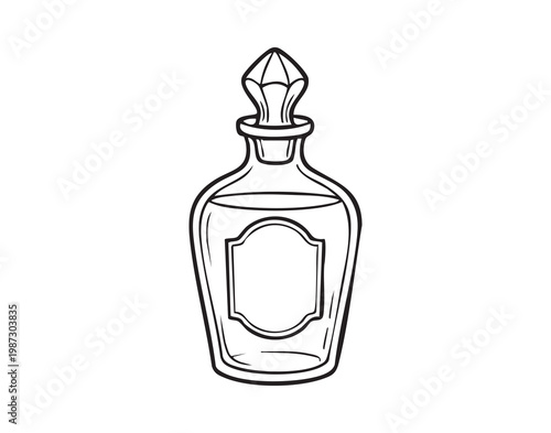 Ornate glass perfume bottle with decorative stopper and blank label, elegant silhouette suggesting vintage apothecary or boutique vanity display, reflective surfaces and delicate curves emphasize