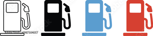 Gas pump icons set, collection of four vector fuel station and petrol pump symbols in varied styles for energy transportation and industrial graphic design use.