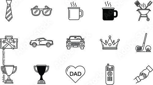 Happy fathers day celebrating dad with gifts cars love icon set