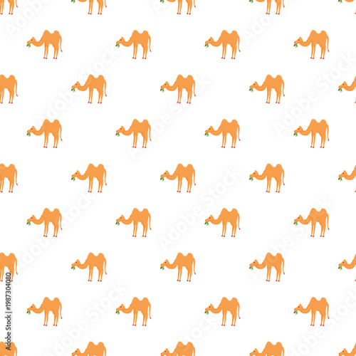 Cartoon camels chewing green leaves repeating across a seamless background