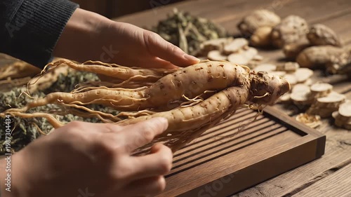 Examining Fresh Premium Ginseng Root for Traditional Medicine Preparation
