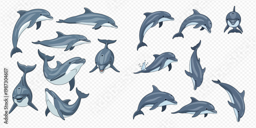 Set of cartoon dolphins in various poses, swimming and jumping, isolated on a transparent background.