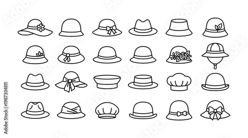 A comprehensive vector set featuring diverse hat styles like fedoras, sun hats, cloches, and more. Ideal for fashion, accessory, and design graphics.