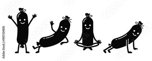 Playful black and white vector illustration of cartoon sausage characters performing various exercise poses. Ideal for healthy food, fitness, or kids' activity designs.