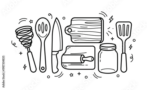 Minimalist black outline vector set of cooking and baking kitchen tools. Features whisk, knife, spatula, jar, cutting board. Ideal for web, print, culinary projects.