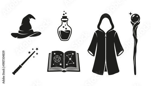 Vector set of black magic and wizardry elements: hat, potion, robe, staff, wand, spell book. Ideal for fantasy, Halloween, gaming, and mystical designs.