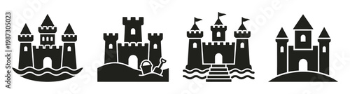 Four distinct black sand castle vector icons. Perfect for summer, beach, vacation, kids' play, and fantasy themes. Simple, graphic design.
