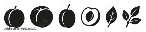Minimalist black vector icons of whole and half plums with leaves. Perfect for food branding, healthy eating apps, web design, or natural product packaging.