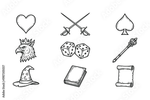 Versatile hand-drawn vector icons for fantasy, gaming, and medieval themes. Includes magic, cards, adventure, and regal symbols for creative projects.
