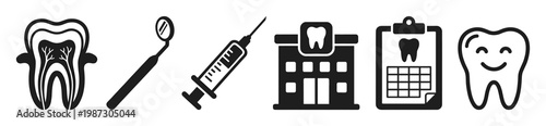 Essential black and white vector dental icons for dentistry, oral health, and clinic services. Features tooth, mirror, syringe, clinic, appointment, and a happy tooth.