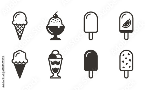 A collection of simple vector ice cream, sundae, and popsicle icons. Perfect for web design, apps, menus, and dessert-related branding. Minimalist, sweet, and cool.