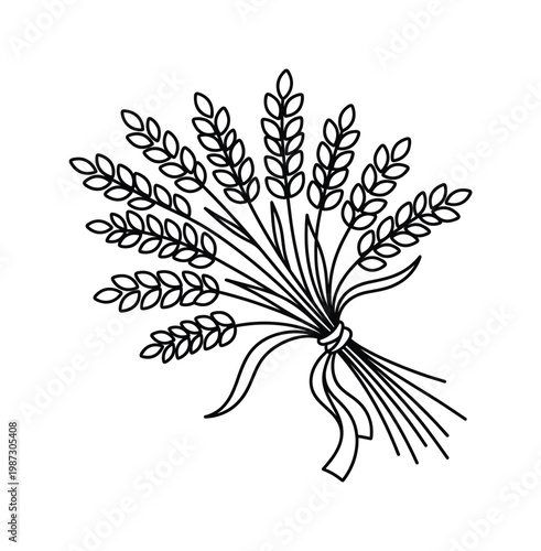 Minimalist black outline vector illustration of a sheaf of wheat tied with a ribbon, perfect for harvest, food, agriculture, or organic themes, logos, and branding.