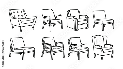 A versatile collection of 8 distinct armchairs and chairs in clean line art, perfect for interior design, home decor, furniture catalogs, or stylish website graphics.