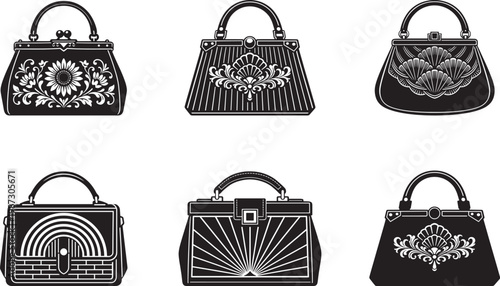 Vintage handbag icon set with decorative floral patterns in black and white minimalist