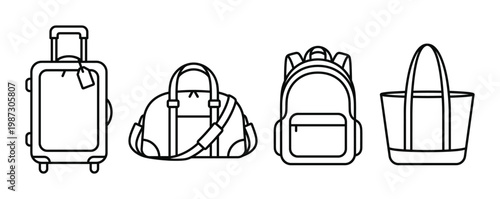 Set of minimalist outline travel bags, including suitcase, duffel, backpack, and tote bag. Ideal for web design, apps, and tourism concepts. Clean, modern vector.