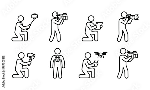 Line art icons depicting videographers, photographers, and drone operators with modern equipment for digital media production. Ideal for tech, social media, and creative projects.