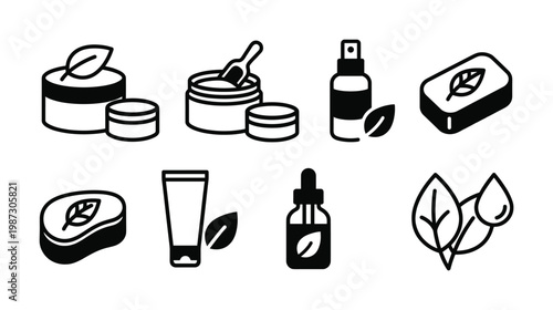 A set of minimalist black vector icons for natural organic cosmetic and skincare products, emphasizing eco-friendly beauty and wellness. Ideal for web, print, and branding.